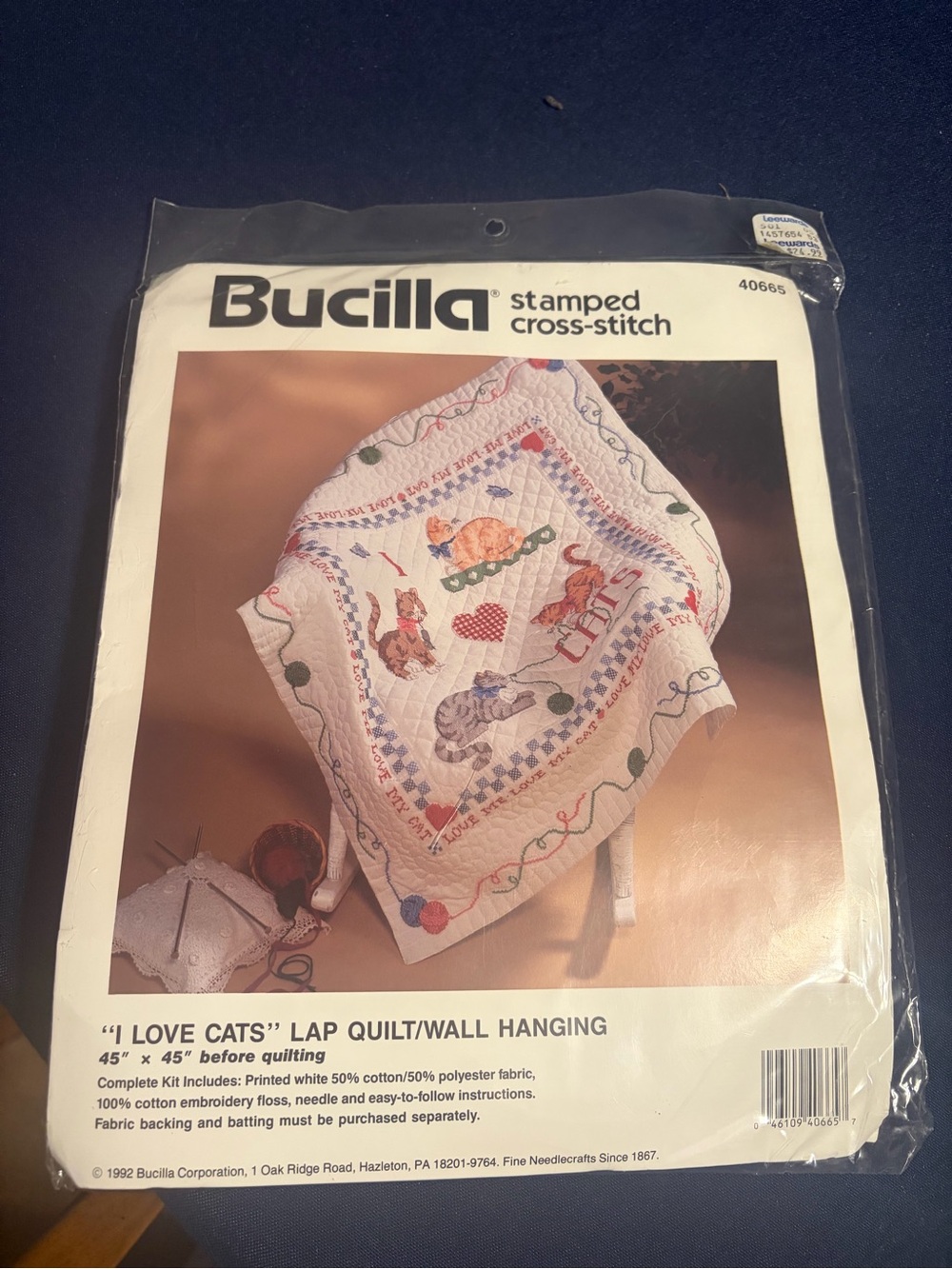 NOS Bucilla Stamped Cross Stitch 40665 I LOVE CATS Lap Quilt/Wall Hanging 45x45.
